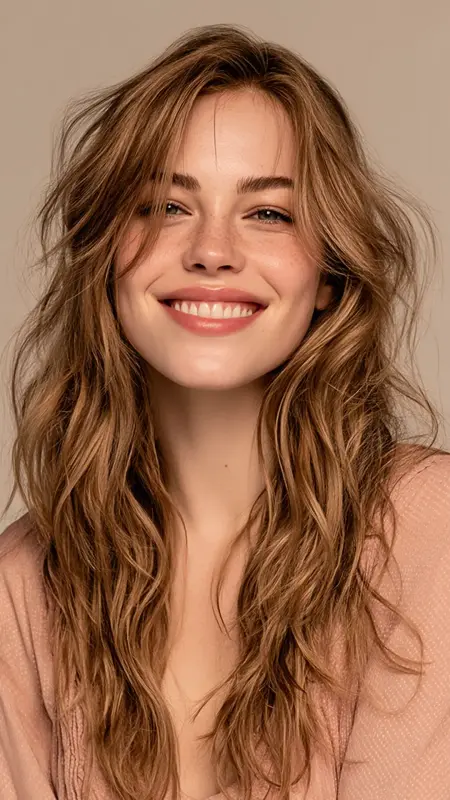 Soft Waves with Long Curtain Bangs - long curtain bangs round face