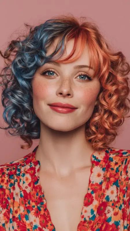Spiral Curls Bob - Indigo Strawberry Blonde - Two hair colors split