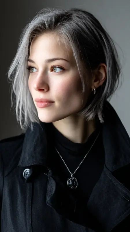 Steel Silver Blunt Lob -  silver hair color ideas 