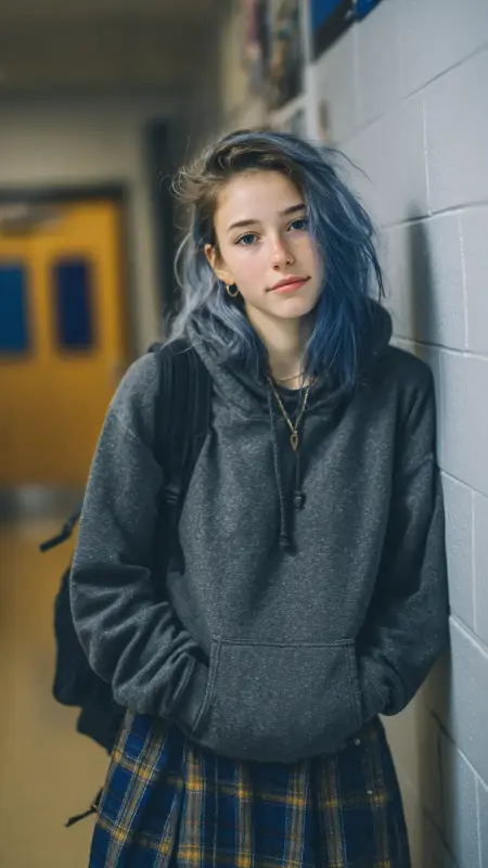 Subtle Blue Streaks on Dark Hair - Hair color ideas for school