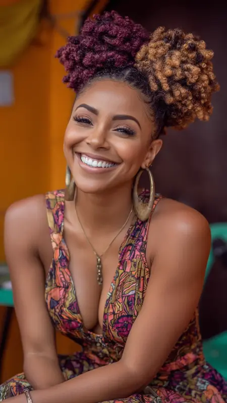 Textured Afro Puff - Burgundy Gold Tips - Two hair colors split