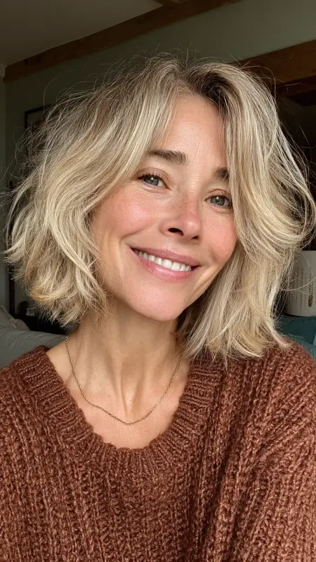 Textured Lob with Curtain Bangs - Medium length haircuts for women over 50