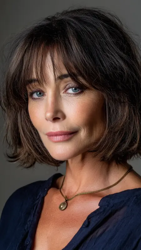 Textured Lob with Eyebrow-Grazing Bangs - Haircuts for women over 50 with bangs