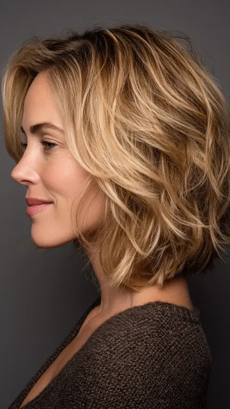 Textured Lob with Shadow Roots - Medium length haircut for round faces