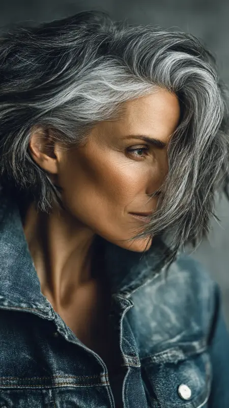 Textured Lob with Side-Swept Fringe - medium length hair for women over 50