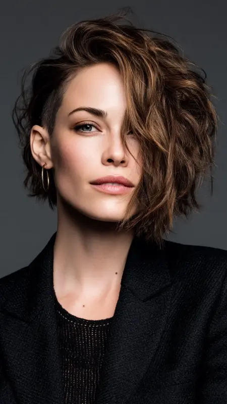 Textured Lob with Side-Swept Undercut Detail - Medium asymmetrical hairstyles