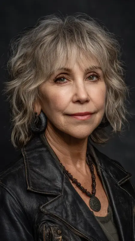 Textured Shag with Choppy Bangs - Haircuts for women over 50 with bangs