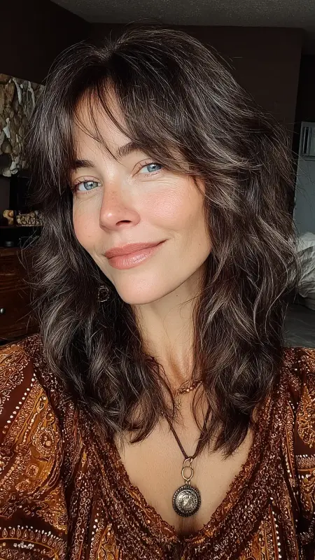 Textured Shag with Curtain Bangs - Shoulder Length Hairstyles For Women Over 60