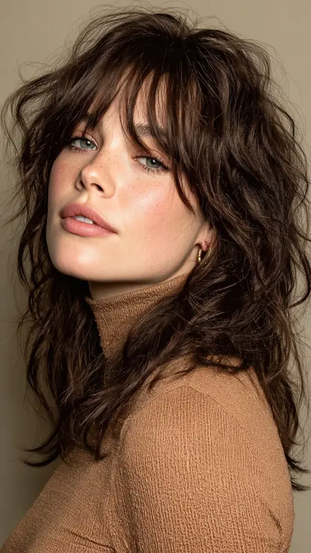 Textured Shag with Curtain Bangs - Shoulder length haircut for round faces