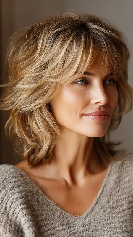 Textured Shoulder Cut with Wispy Bangs - Medium length haircuts for women over 50