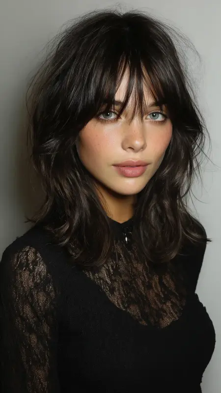 Textured Shoulder-Length Cut with Baby Bangs - Shoulder length haircut for round faces