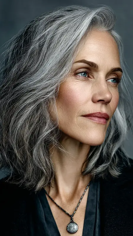 Textured Silver Lob - gray hair styles for women over 50