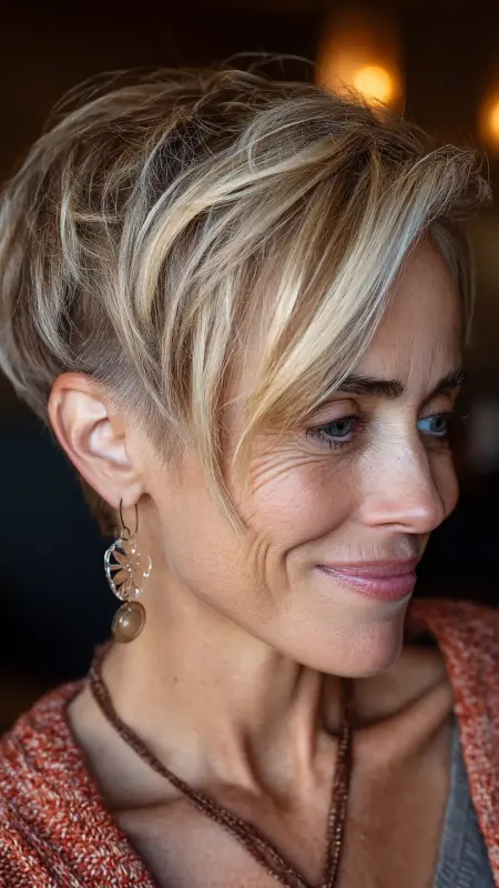 Textured Undercut Pixie with Soft Layers - Undercut pixie haircut for older women