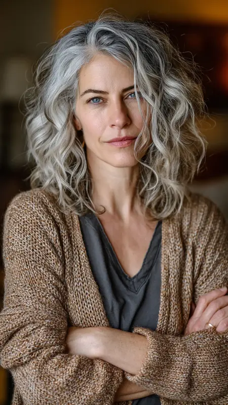 Textured Wavy Lob with Grey Blending Highlights - Shoulder Length Hairstyles For Women Over 60
