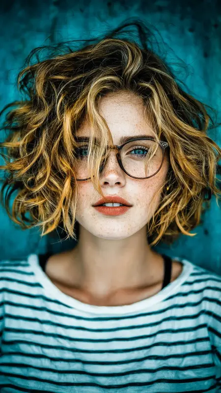 Tousled Curly Bob with Highlights - short curly hair with glasses