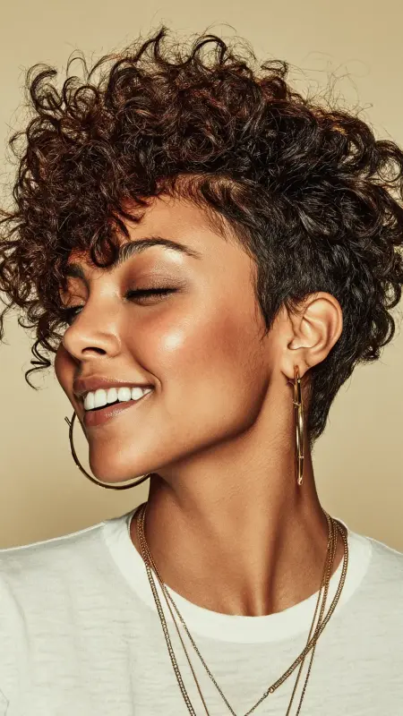 Tousled Curly Pixie with Tapered Nape - Short curly pixie haircuts