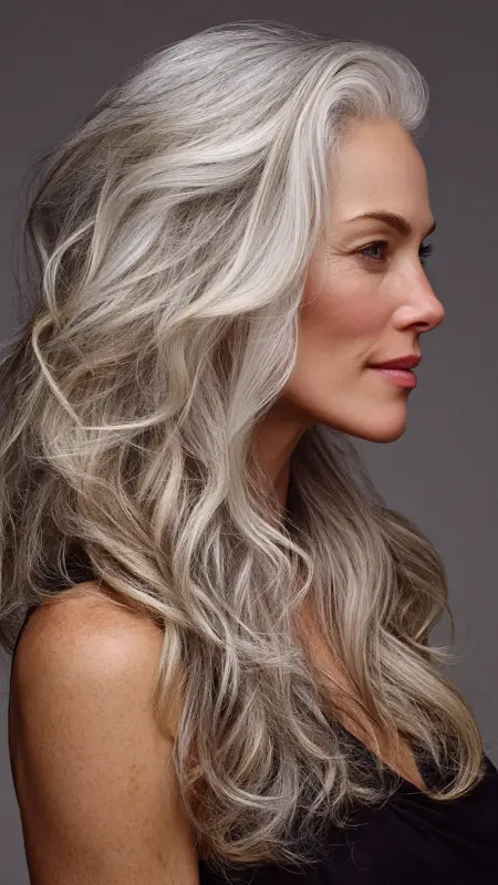 Tousled Silver Waves - gray hair styles for women over 50