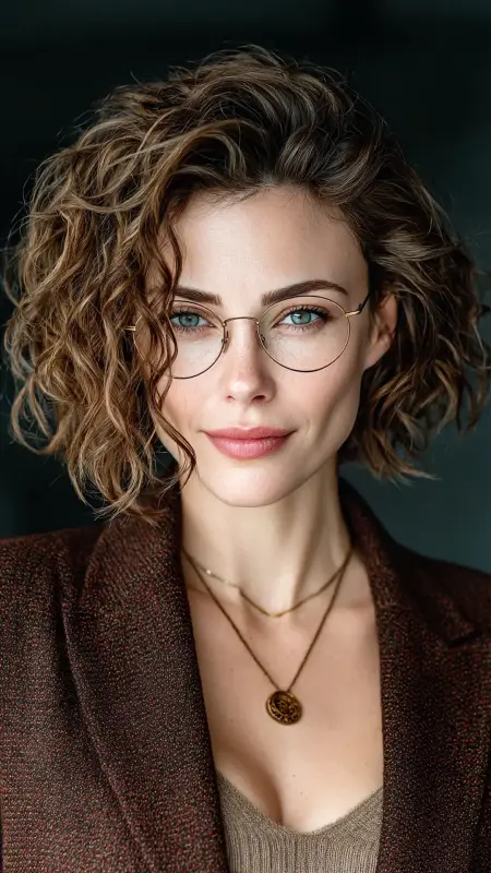 Voluminous Curly Bob with Middle Part - short curly hair with glasses