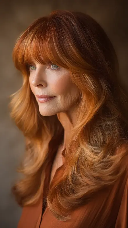 Warm Auburn Waves with Face-Framing Highlights - hair color ideas for women over 70