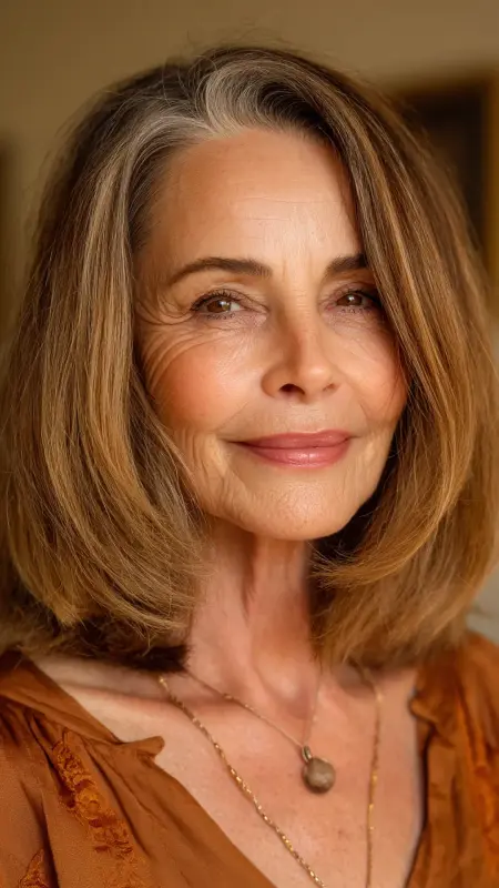 Warm Chestnut Lob with Subtle Layers - hair color ideas for women over 70