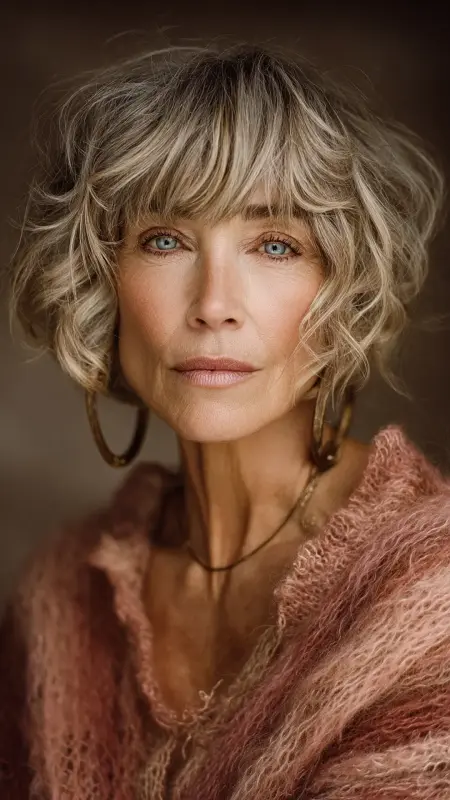 Wavy Bob with Curtain Bangs - Short hairstyles for women over 60 with wavy hair