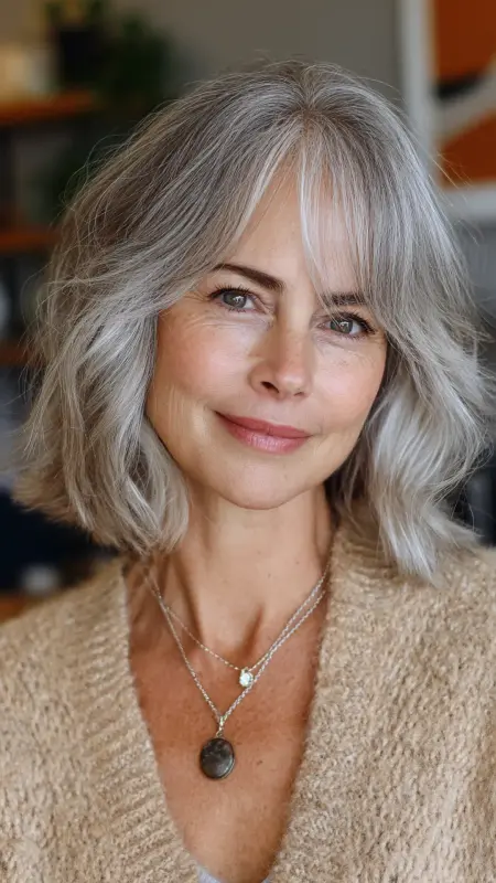 Wavy Bob with Feathered Bangs - Haircuts for women over 50 with bangs